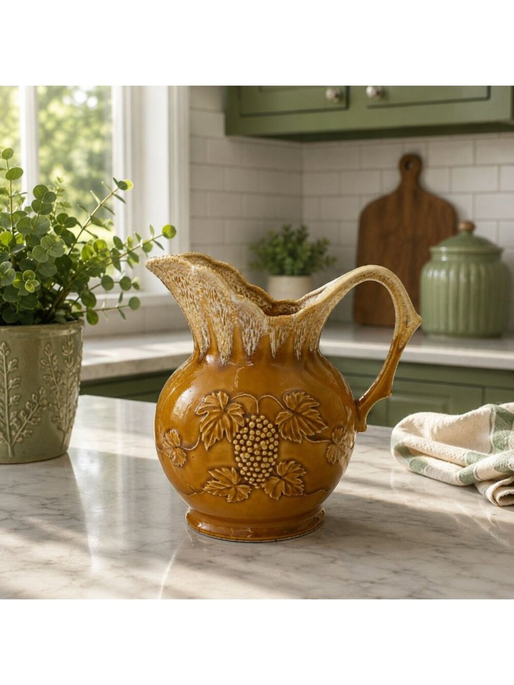 Amber Yellow Glaze with White Drip Glaze Embossed Grape Cluster Pitcher